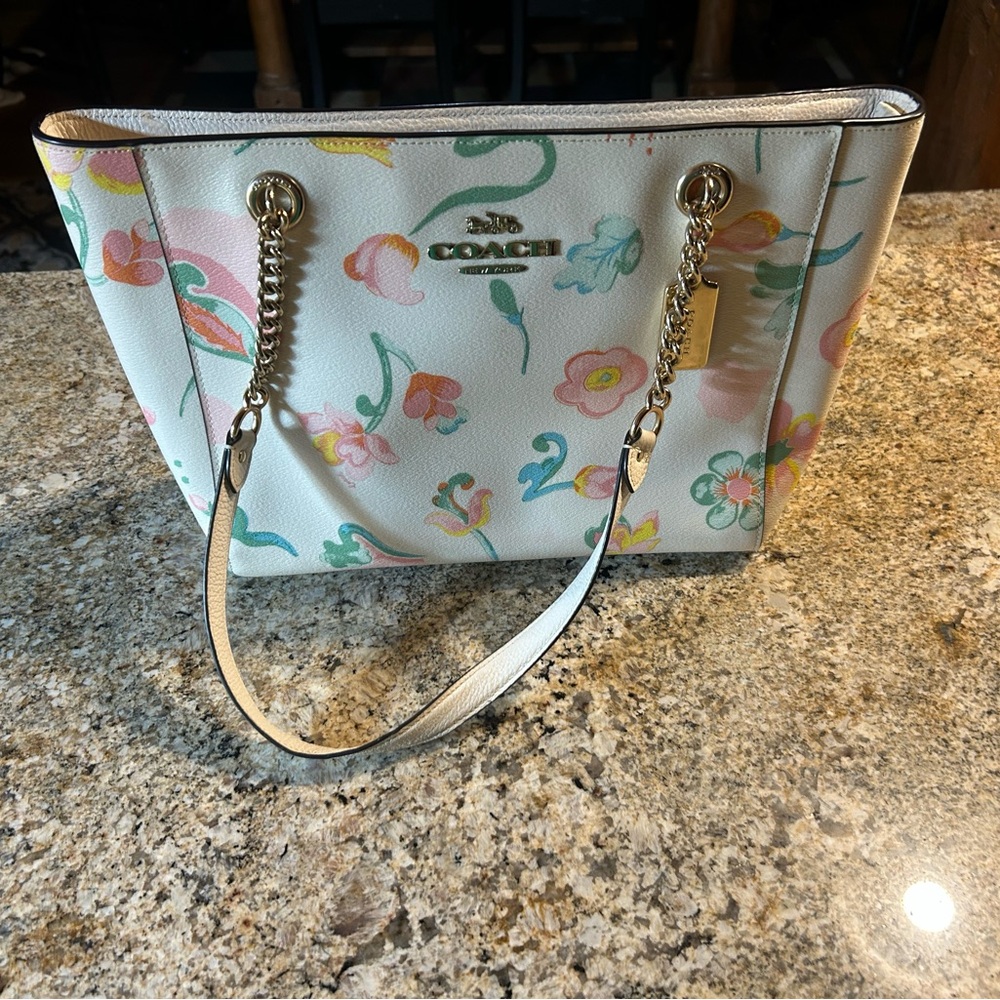 Coach White Floral Chain-Handle Tote